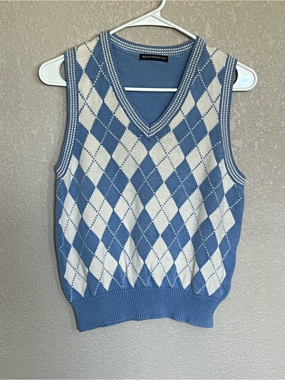 Brandy Melville Blue & Cream Argyle V-Neck Sweater Vest